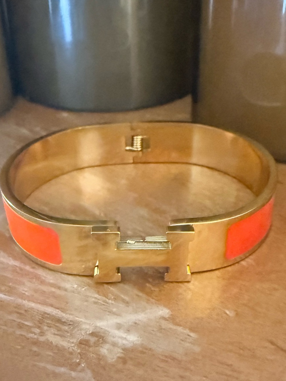 Gold Tone H-Closure Hinged Cliq Bangle with Bright Orange Enamel NEW
